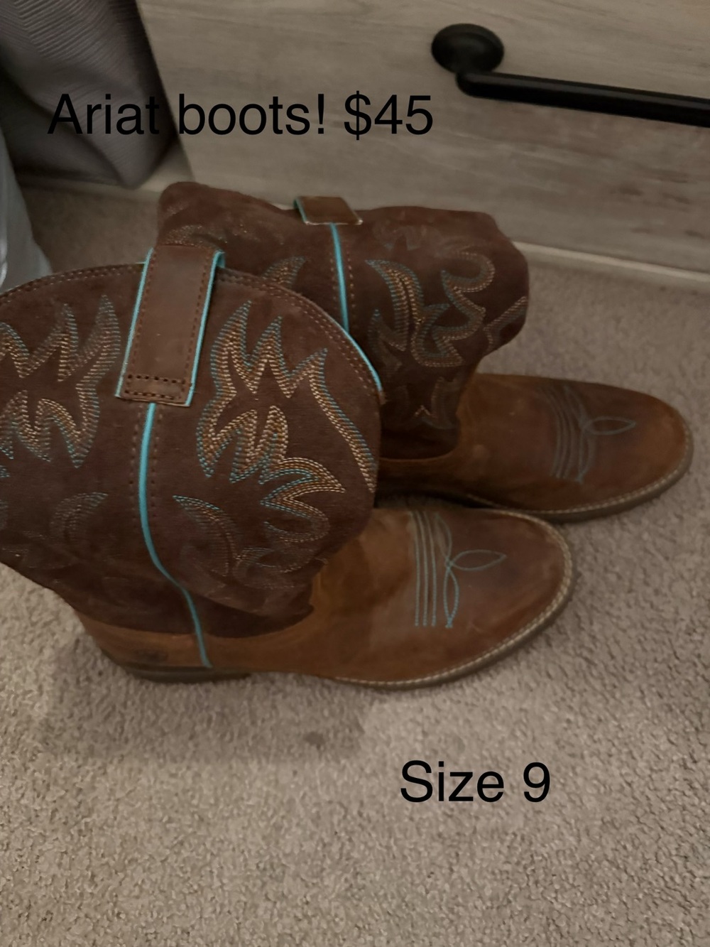 Ariat Brown Suede Cowboy Boots with Turquoise Trim
